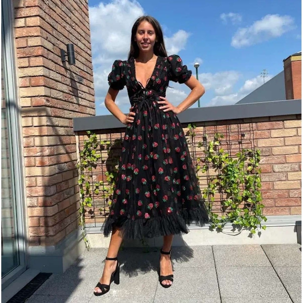 Lirika Matoshi Black‎ Strawberry Tulle Dress Puff Sleeve Midi V Neck Lace Up